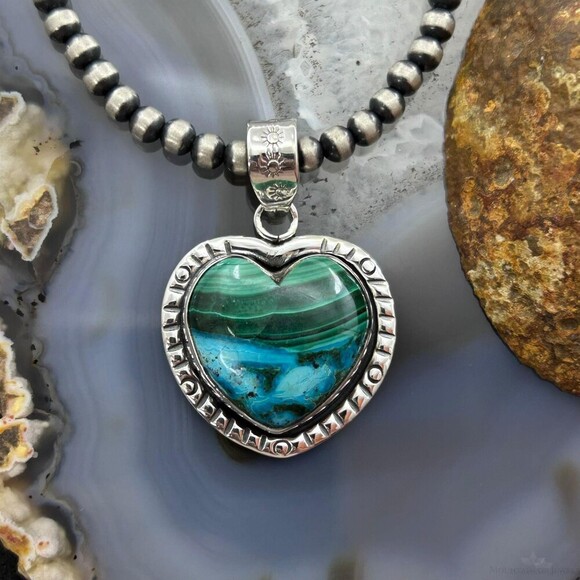 Sterling Silver Southwestern Style Azurite Malachite Heart Pendant For Women - Picture 2 of 10